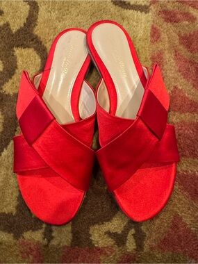 Gianvito Rossi "Obi" Satin Flat Slides. Red Satin Slide Sandals -US Sz 6